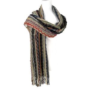Tickled Pink Womens Scarf Multicolor Textured Knit Fringe Boho Artsy